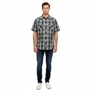 Coastal Mens Plaid Button Up Shirt Short Sleeve Snap Slouchy Skater